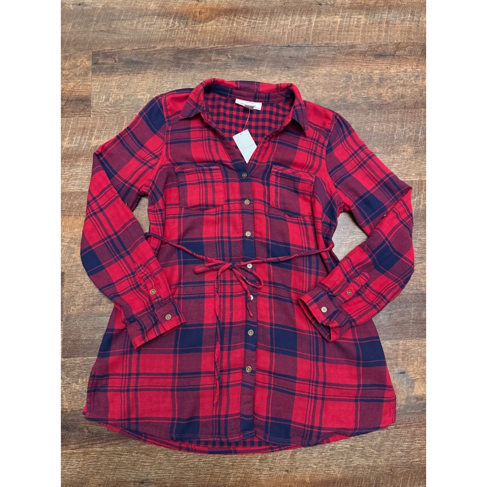 NWT Motherhood Maternity Red Plaid Button Front Tunic Top Size Medium